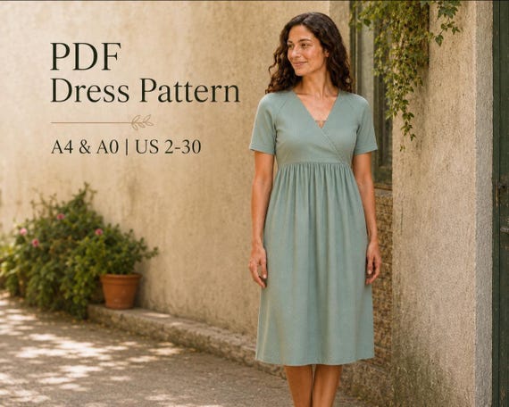 empire waist wrap dress pattern Surplice Style Sewing PDF, Gathered Sizes US 2-30 deep V neckline lace up boots mens 4 Bridesmaids Dress Trends LENGTH:Regular 44