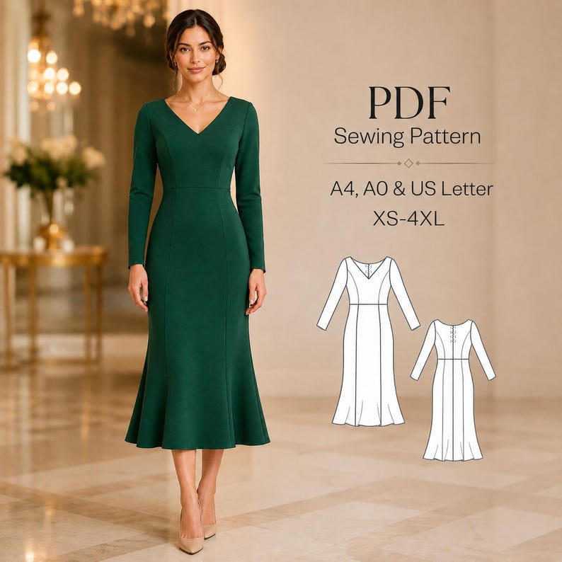 K&ouml;nnte beinhalten: Eine Frau tr&auml;gt ein smaragdgr&uuml;nes Kleid mit langen &Auml;rmeln, V-Ausschnitt und ausgestelltem Rock. Das Kleid wird mit nudefarbenen Abs&auml;tzen getragen. Das Bild zeigt auch ein PDF-Schnittmuster mit dem Text "PDF Sewing Pattern" und Gr&ouml;&szlig;enangaben.