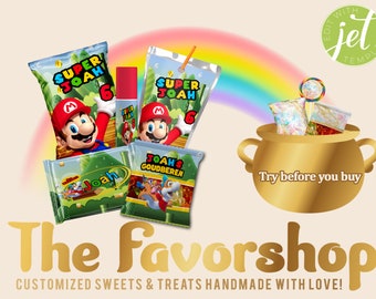 Editable party favor template candywrappers, Super Mario theme, Personalised party favors, treat bag, Personalised party favors, Printable