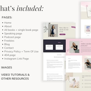 Squarespace website template for author, writer, speaker, podcaster. Website template includes speaking, podcast, blog, freebie pages. It's perfect for inspiring author, who want to sell her books & book speaking opportunities.