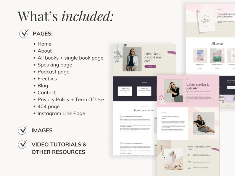 Squarespace website template for author, writer, speaker, podcaster. Website template includes speaking, podcast, blog, freebie pages. It's perfect for inspiring author, who want to sell her books & book speaking opportunities.