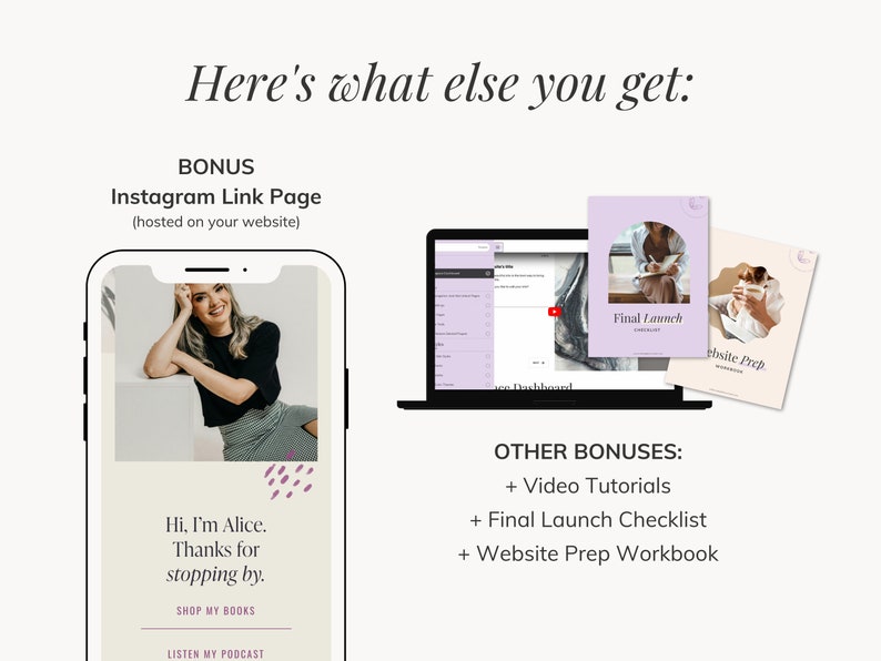 Squarespace website template for author, writer, speaker, podcaster. Website template includes speaking, podcast, blog, freebie pages. It's perfect for inspiring author, who want to sell her books & book speaking opportunities.