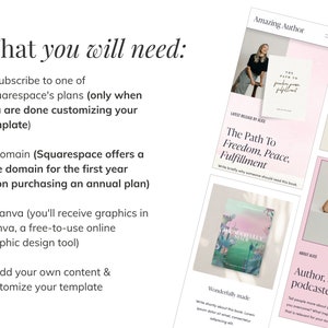 Squarespace website template for author, writer, speaker, podcaster. Website template includes speaking, podcast, blog, freebie pages. It's perfect for inspiring author, who want to sell her books & book speaking opportunities.
