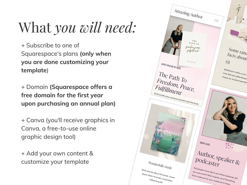 Squarespace website template for author, writer, speaker, podcaster. Website template includes speaking, podcast, blog, freebie pages. It's perfect for inspiring author, who want to sell her books & book speaking opportunities.
