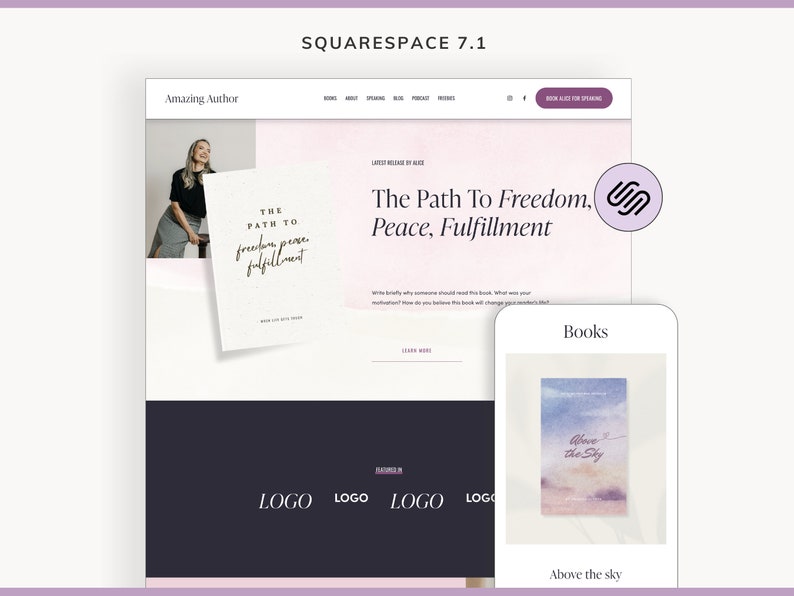 Squarespace website template for author, writer, speaker, podcaster. Website template includes speaking, podcast, blog, freebie pages. It's perfect for inspiring author, who want to sell her books & book speaking opportunities.