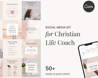 50 Christian Life Coach Social Media templates, Canva templates, Instagram posts & stories