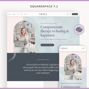 May include: A website design for a therapy practice, showcasing a desktop and mobile view. The design features a woman, the business name "GRACE", and the text "Compassionate therapy to healing & happiness". The color scheme includes pastel pink, blue, and gray.