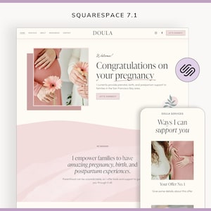 May include: A website homepage for a doula service. The website features a pink and white color scheme with a photo of a pregnant woman holding a flower. The text on the website reads "Congratulations on your pregnancy" and "I empower families to have amazing pregnancy, birth, and postpartum experiences."