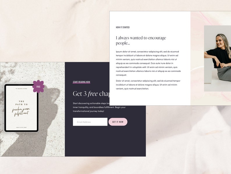 Squarespace website template for author, writer, speaker, podcaster. Website template includes speaking, podcast, blog, freebie pages. It's perfect for inspiring author, who want to sell her books & book speaking opportunities.
