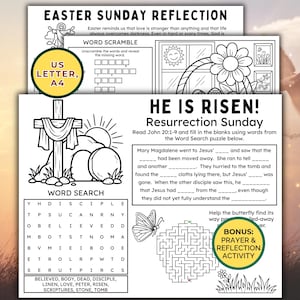 May include: Black and white Easter-themed activity sheets with the text "Easter Sunday Reflection" and "He Is Risen! Resurrection Sunday." Includes word scrambles, word searches, and a maze. Features a cross, tomb, and flower illustrations.