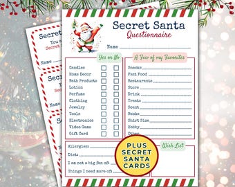 Printable Secret Santa Questionnaire for Coworkers, Friends, and Family, Holiday Gift Questionnaire, Secret Santa List, Favorite Things List