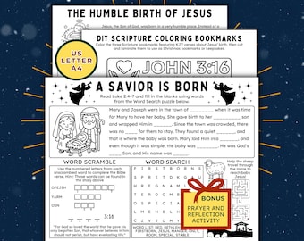 Krippen-aktivitätsblätter mit DIY Lesezeichen und Reflexionsseite, bedruckbare Malseiten für die Geburt Jesus, Sonntagsschule, Weihnachten als Tischset