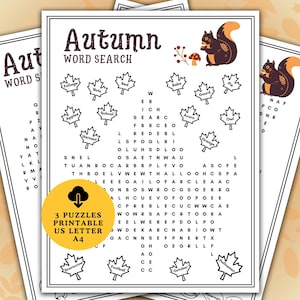 Puede incluir: Tres rompecabezas imprimibles de búsqueda de palabras de otoño en papel US Letter y A4. Los rompecabezas de búsqueda de palabras tienen un diseño en blanco y negro con palabras temáticas de otoño e ilustraciones de hojas y ardillas. El título es "Autumn Word Search".
