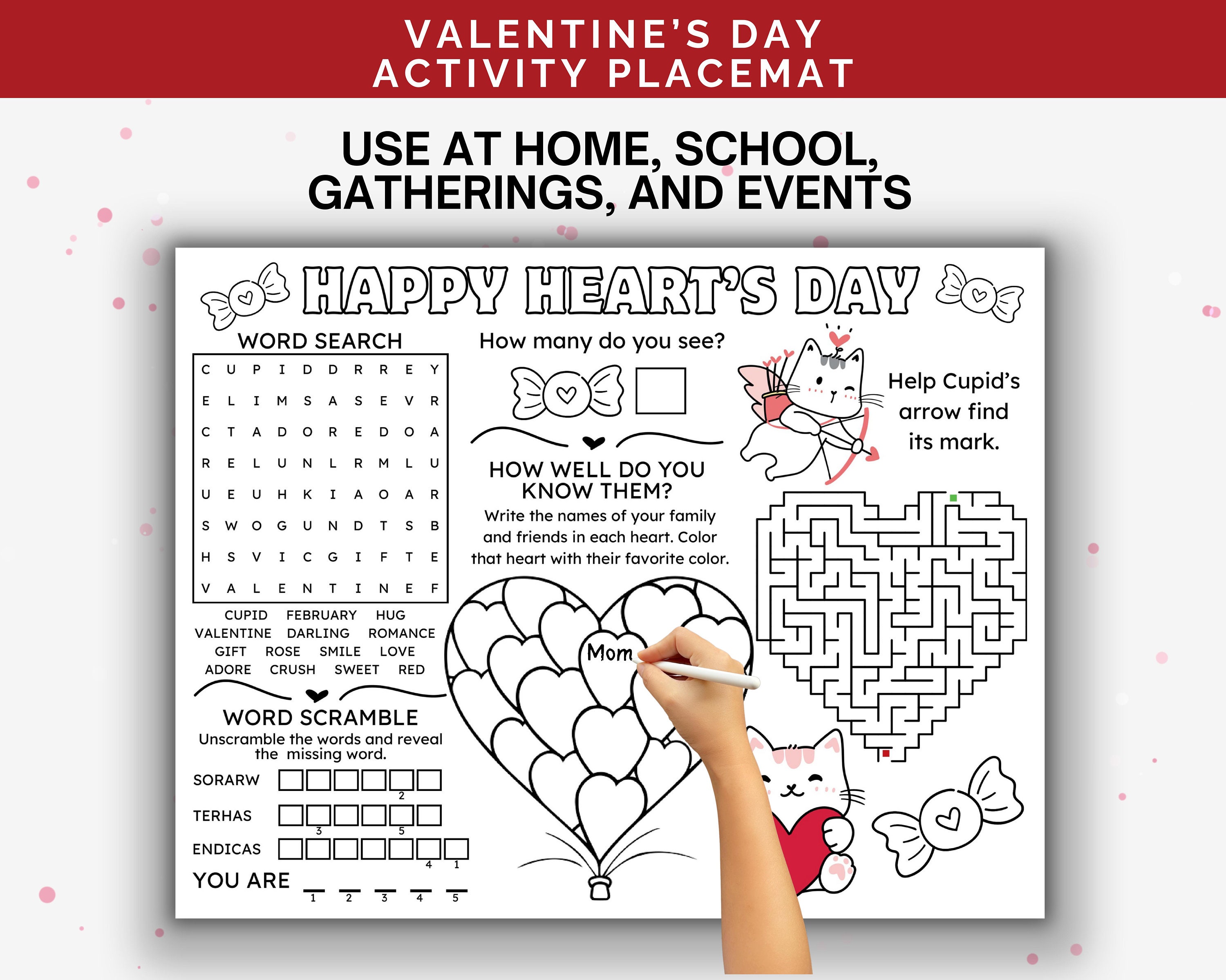 Valentine Activity Placemat, Printable Valentines Day Activity, Kids ...