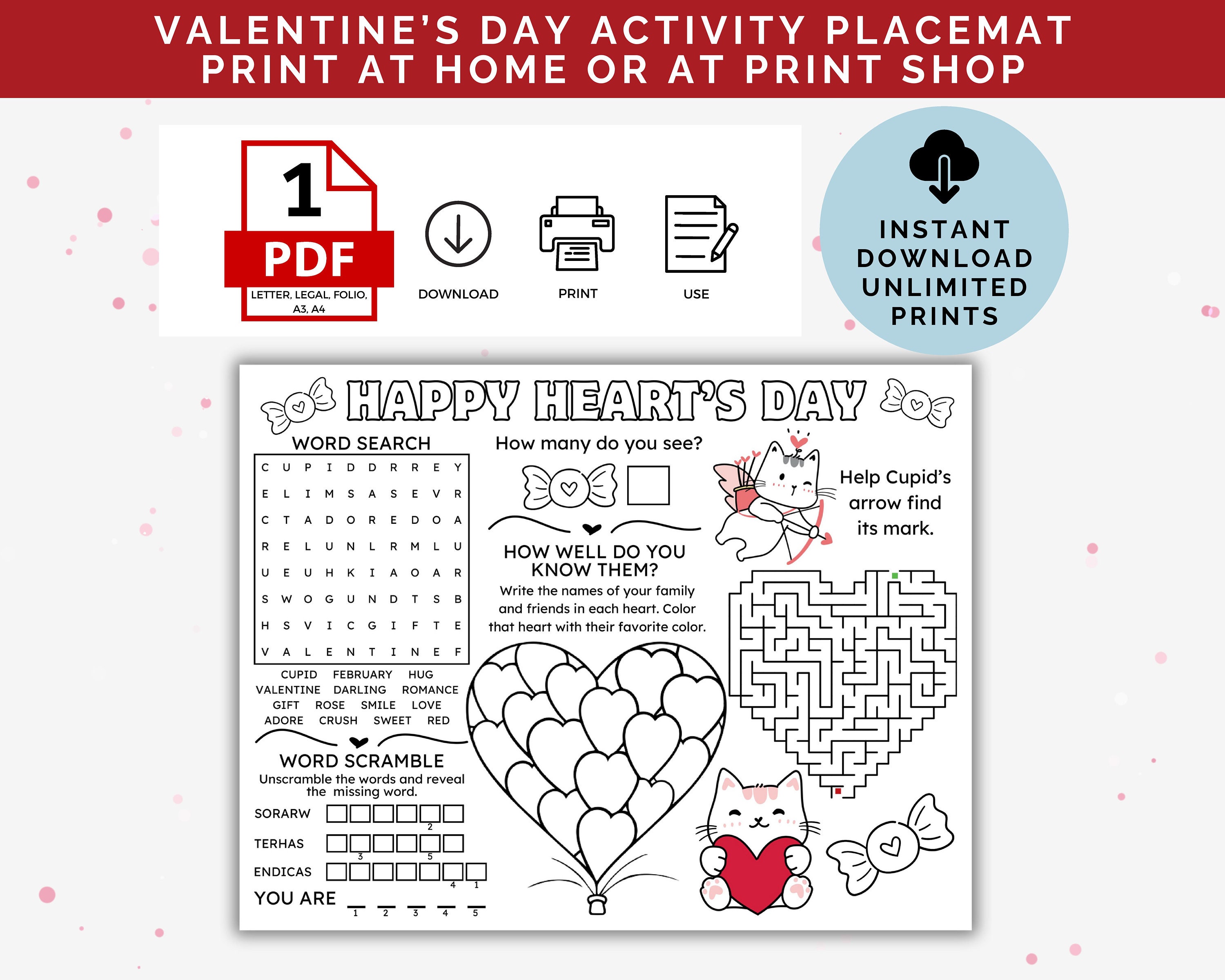 Valentine Activity Placemat, Printable Valentines Day Activity, Kids ...