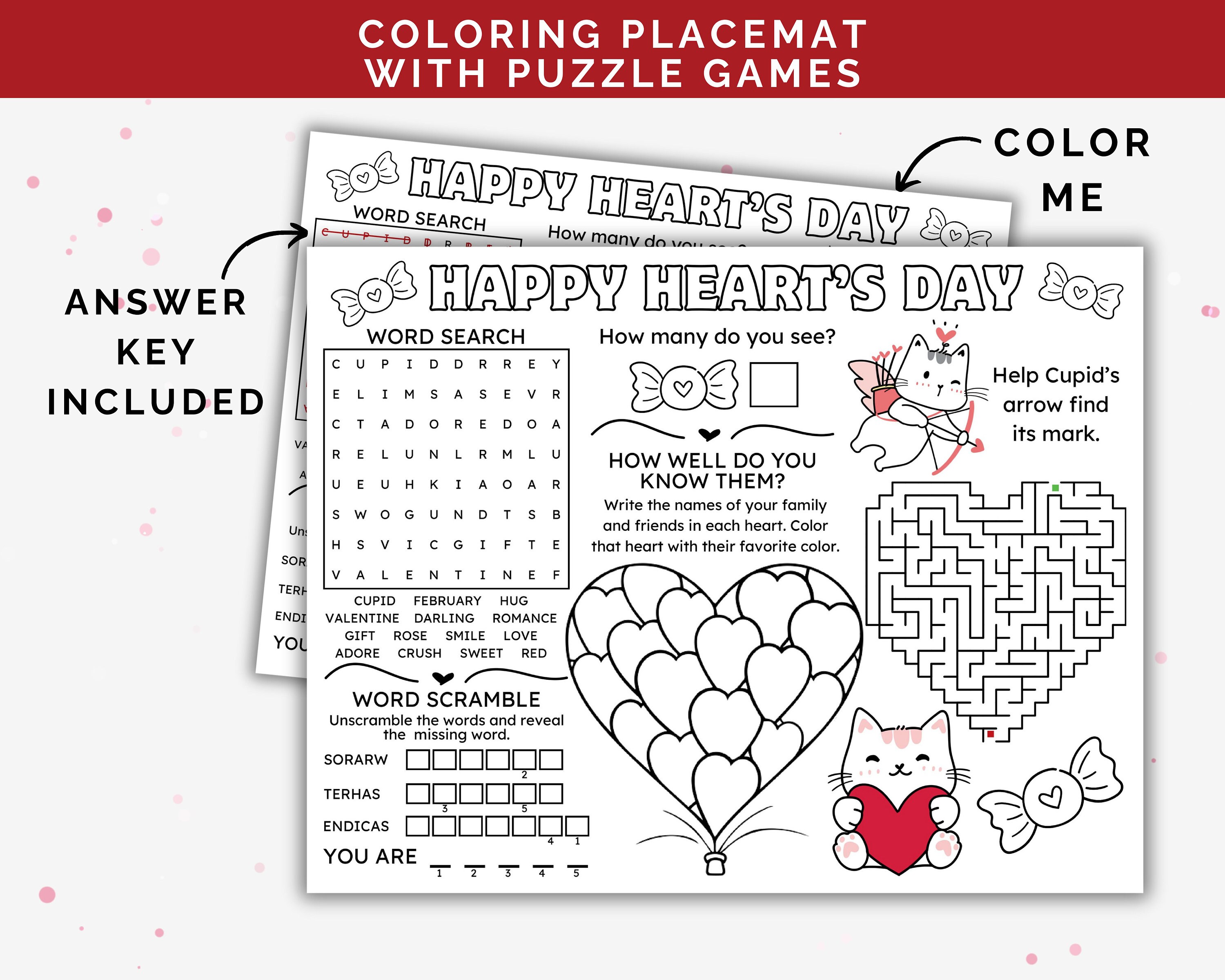 Valentine Activity Placemat, Printable Valentines Day Activity, Kids ...