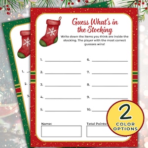 Könnte beinhalten: Zwei Weihnachtsspielblätter mit roten und grünen Rändern. Das Spiel trägt den Titel "Was ist im Strumpf?" und enthält Lücken zum Ausfüllen. Eine rote Strumpf-Grafik mit einem Schneeflockenmuster befindet sich in der Ecke. Das Spiel bietet zwei Farboptionen.