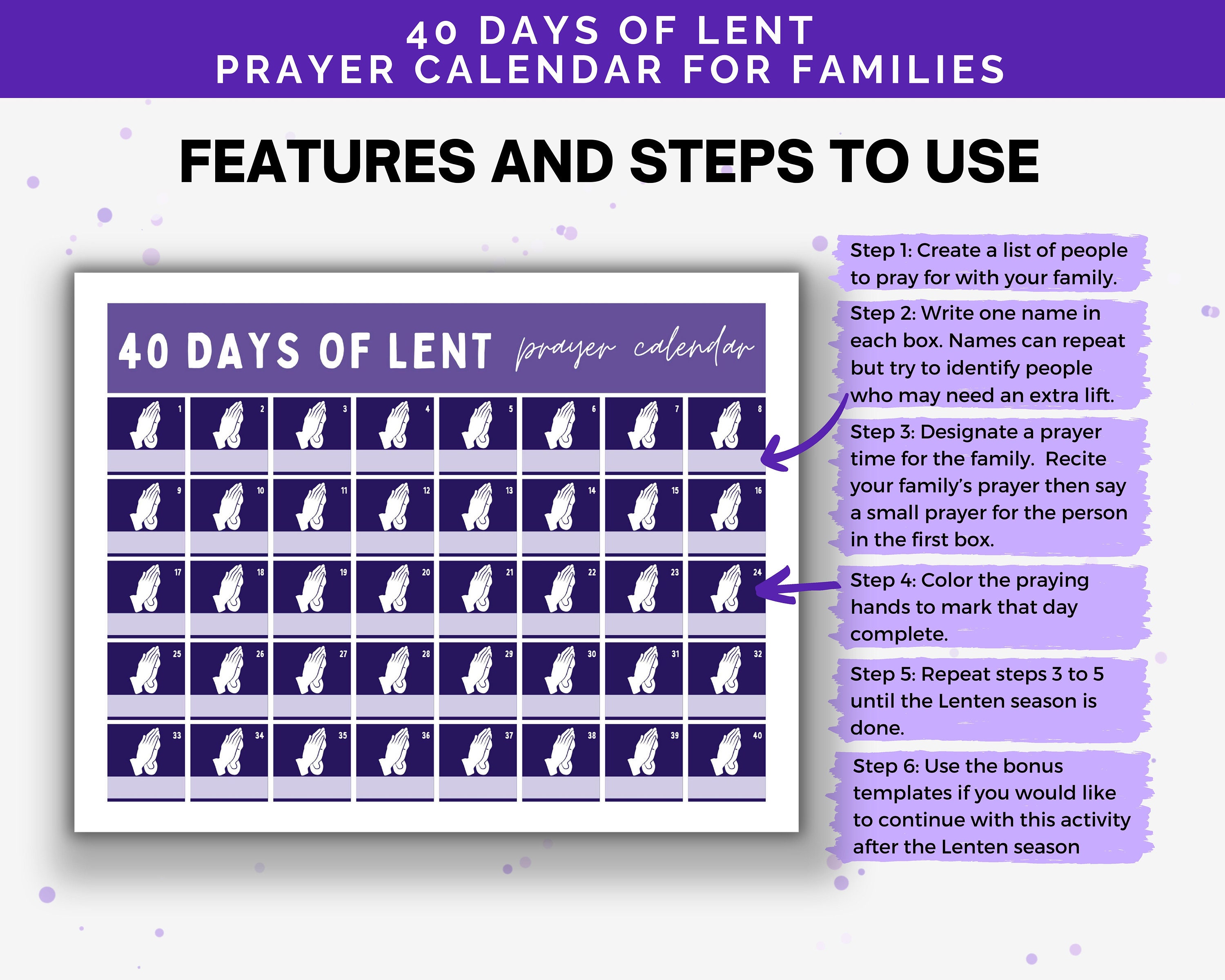 40 Days of Lent Prayer Calendar Template, Printable Lenten Calendar for ...