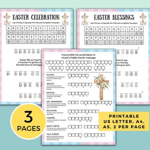 May include: Printable Easter activity sheets with a cross, eggs, and bunnies. The sheets include a word search, a code breaker, and a hidden message. The sheets are designed for US Letter or A4 paper and can be printed two per page.