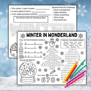 Printable Winter Activity Placemats with Snowman Word Search, Maze Puzzles, & Reflections | Kids SEL Activities, Dinner Table Coloring Pages