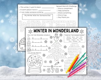 Printable Winter Activity Placemats with Snowman Word Search, Maze Puzzles, & Reflections | Kids SEL Activities, Dinner Table Coloring Pages