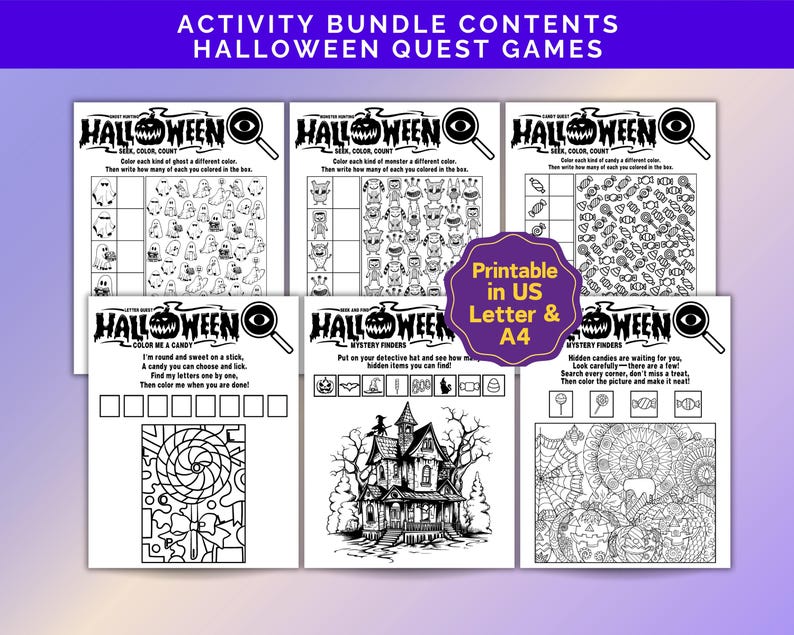 Printable Kids Halloween Activity Bundle, Kids Coloring Pages, Word ...