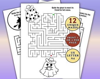 Halloween Themed Maze Activity Pack for Kids | 12 Unique Printable Puzzles with Solutions | Ghost, Skull, Witch Hat Designs | Coloring Pages