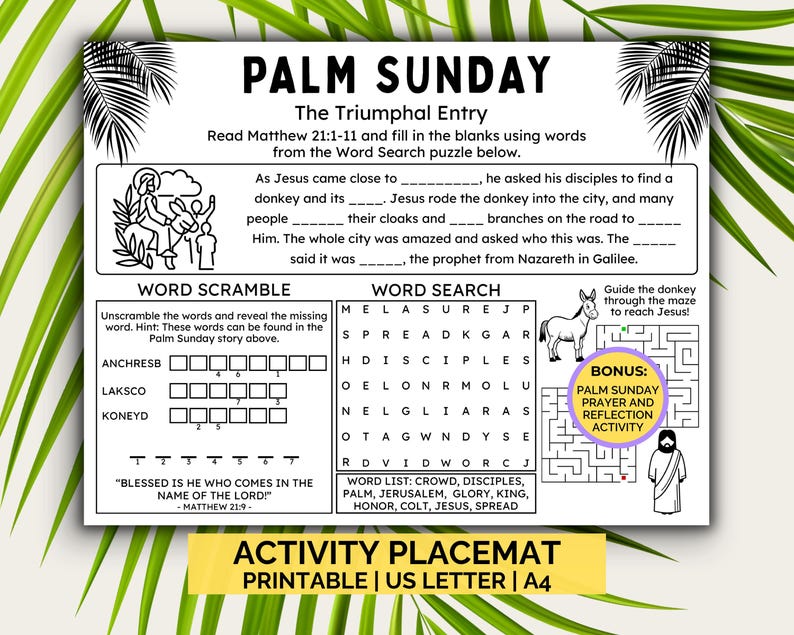 Printable Palm Sunday Activity Placemat for Kids, Triumphal Entry Bible ...