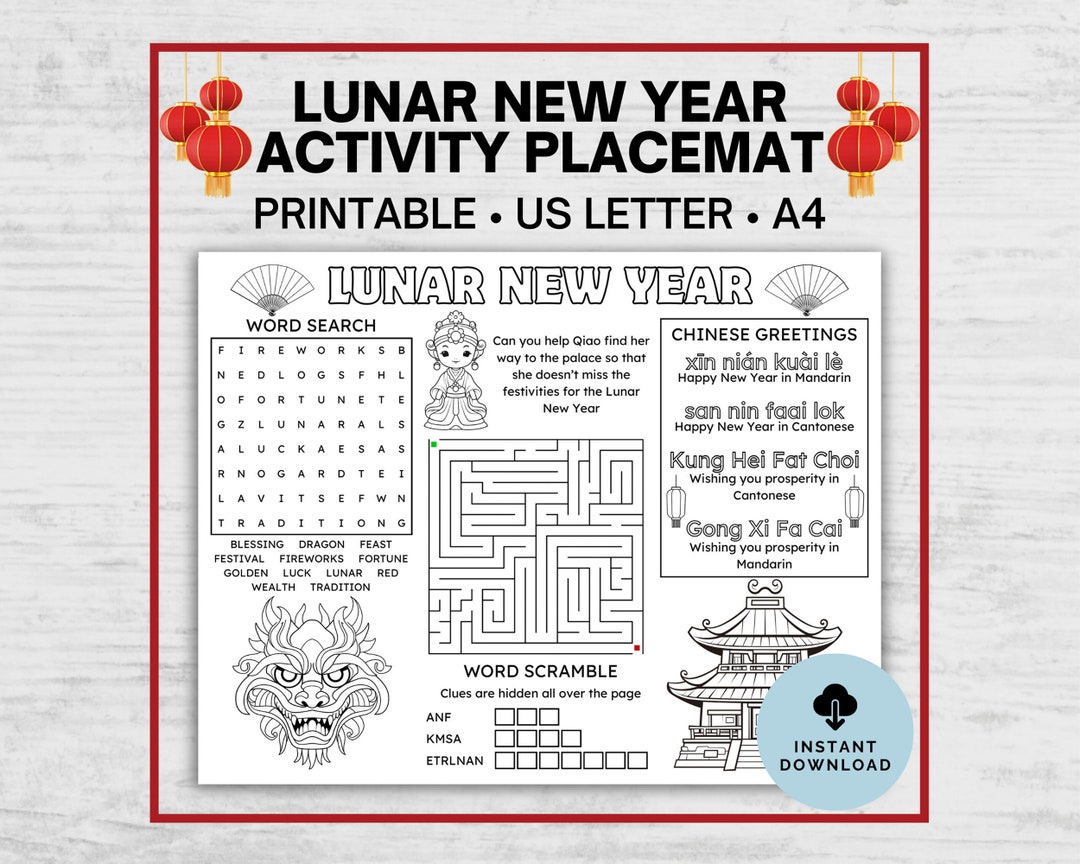 Lunar New Year Printable Activity Placemat, Chinese New Year Table Activity, Lunar New Year