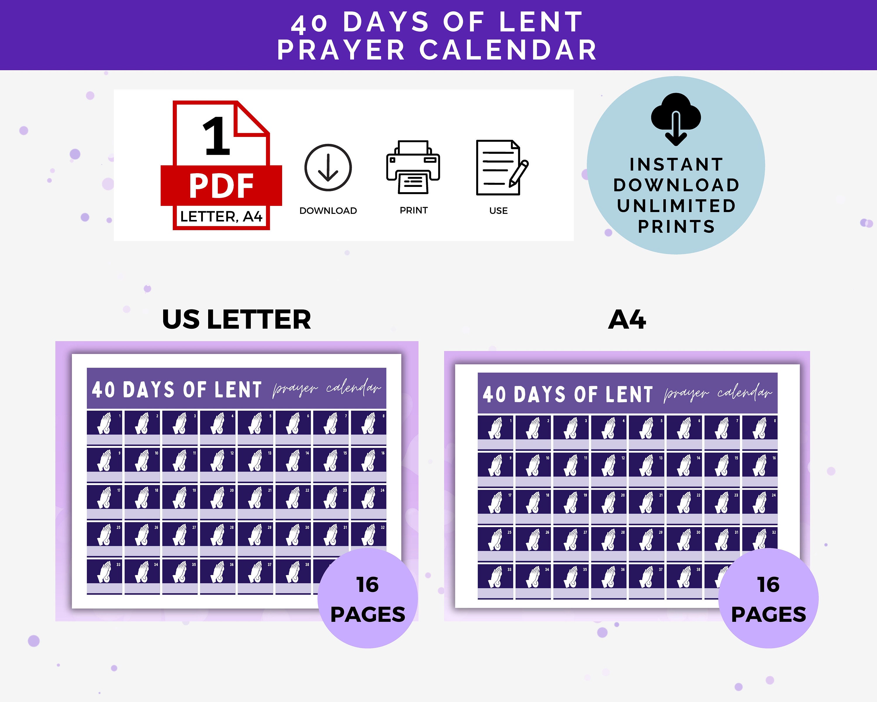 40 Days of Lent Prayer Calendar Template, Printable Lenten Calendar for ...