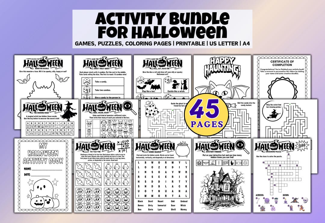Printable Kids Halloween Activity Bundle, Kids Coloring Pages, Word ...