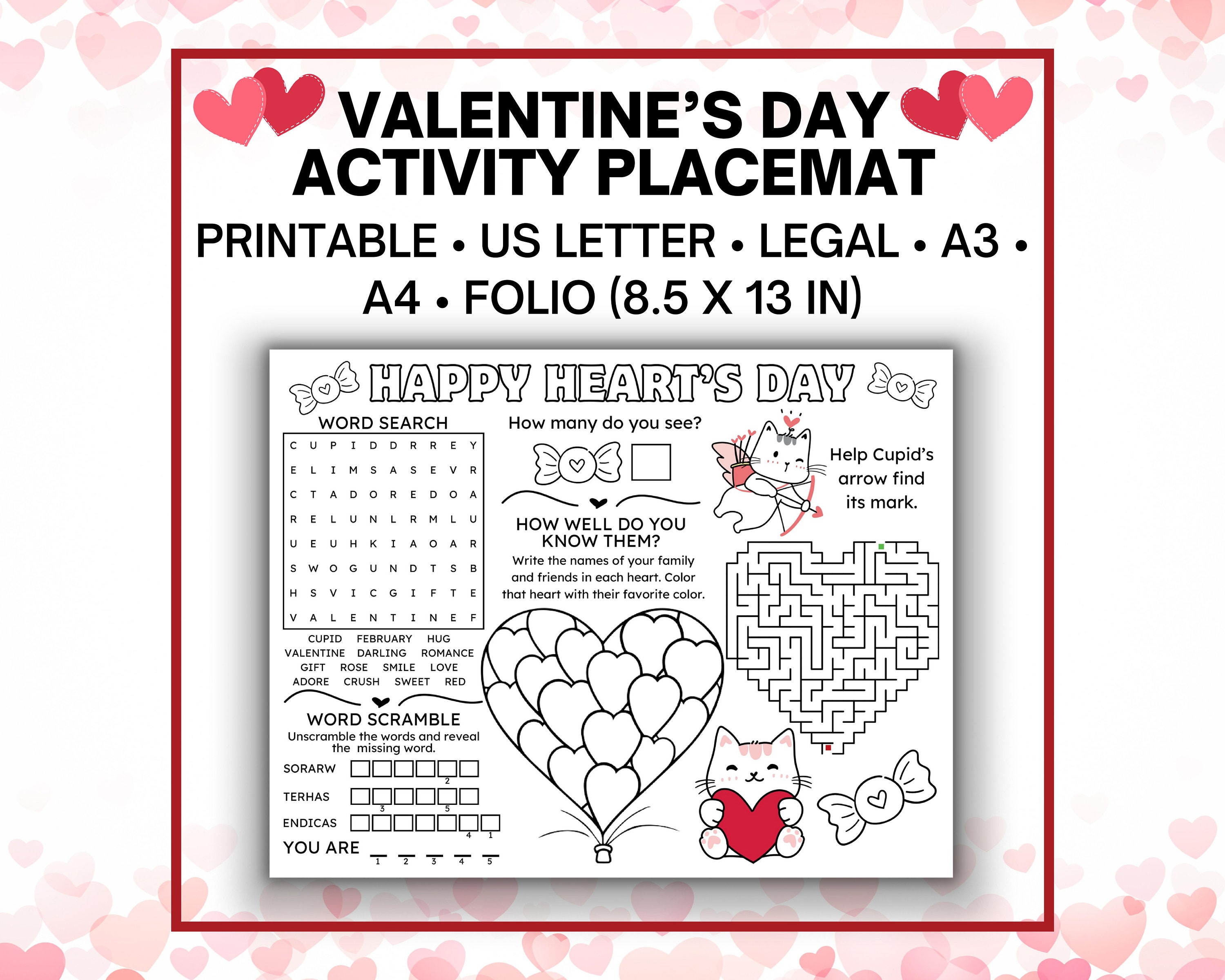 Valentine Activity Placemat, Printable Valentines Day Activity, Kids ...