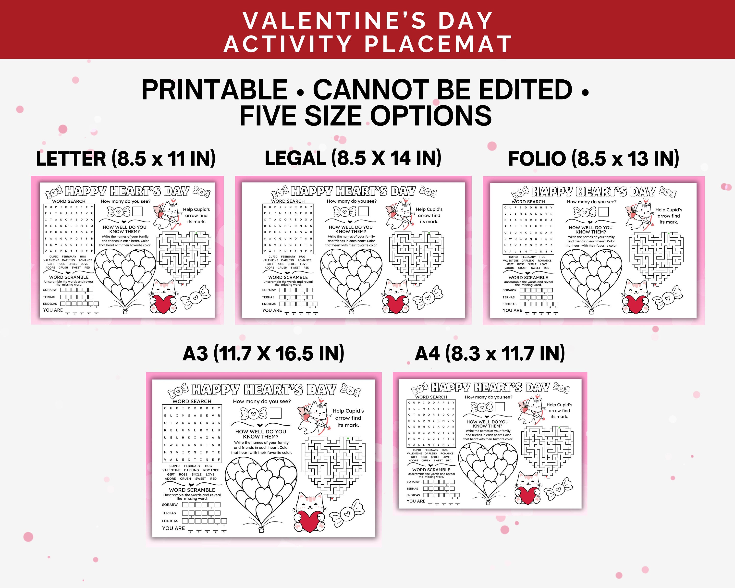 Valentine Activity Placemat, Printable Valentines Day Activity, Kids ...