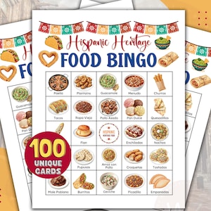 May include: A Hispanic Heritage Food Bingo game card featuring colorful illustrations of various dishes like tacos, churros, and paella. The title reads Hispanic Heritage FOOD BINGO, and a red circular badge states 100 UNIQUE CARDS.