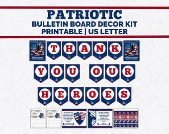 Könnte beinhalten: Druckbares patriotisches Bulletin Board Dekor-Kit mit den Worten "THANK YOU OUR HEROES" in roten Buchstaben auf blauen Wimpeln. Enthält zusätzliche druckbare Elemente mit patriotischen Themen und dem Text "SHOUT OUT".
