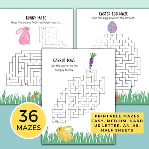 May include: A set of 36 printable Easter mazes for kids. The mazes feature bunnies, carrots, and Easter eggs. The mazes are available in easy, medium, and hard difficulty levels. The mazes are printed on US letter, A4, and A5 paper sizes.