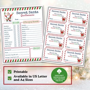 Afdrukbare Secret Santa-vragenlijst voor collega's, vrienden en familie, vragenlijst vakantiecadeau, geheime kerstmanlijst, lijst met favoriete dingen