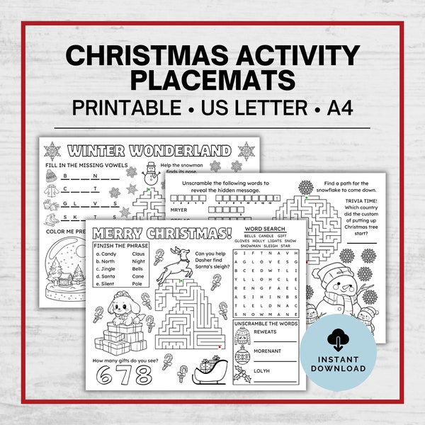 Printable Christmas Placemat for School, Home and Parties, Christmas Activity Placemats, Printable Christmas Coloring, Kids Holiday Activity