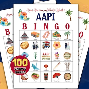 Könnte beinhalten: AAPI Bingo-Spielkarten mit Illustrationen asiatischer und pazifischer kultureller Elemente. Die Karten zeigen Bilder von Sushi, Pagoden, Pandas und mehr. Die Karten sind mit "AAPI BINGO" und "100 UNIQUE CARDS" beschriftet.