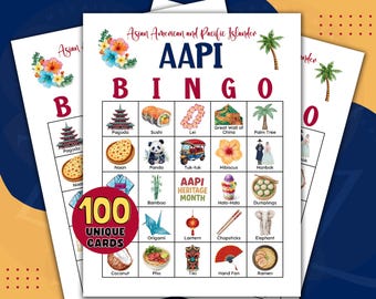 100 AAPI Monat Bingokarten | Ausdruckbares Kulturelles Aktivitätsspiel der asiatisch-amerikanischen und pazifischen Inselbewohner für Klassenzimmer, Büro und Familie