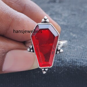 Red Garnet Coffin Ring: Handmade 925 Silver Bezel Boho Ring