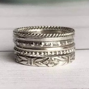 Set of 6 Sterling Silver Stacking Rings Thin & Thick Rings Assorted Pattern Rings Dainty Beaded Twisted Rings Dotted Ring Thumb Silver Ring
