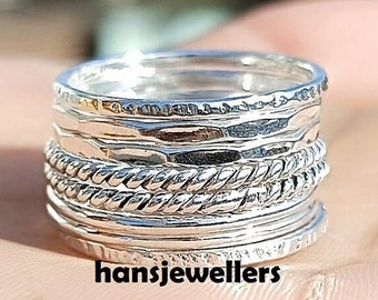 Sterling Silver Stacking Ring Set: Hammered & Twisted Bands
