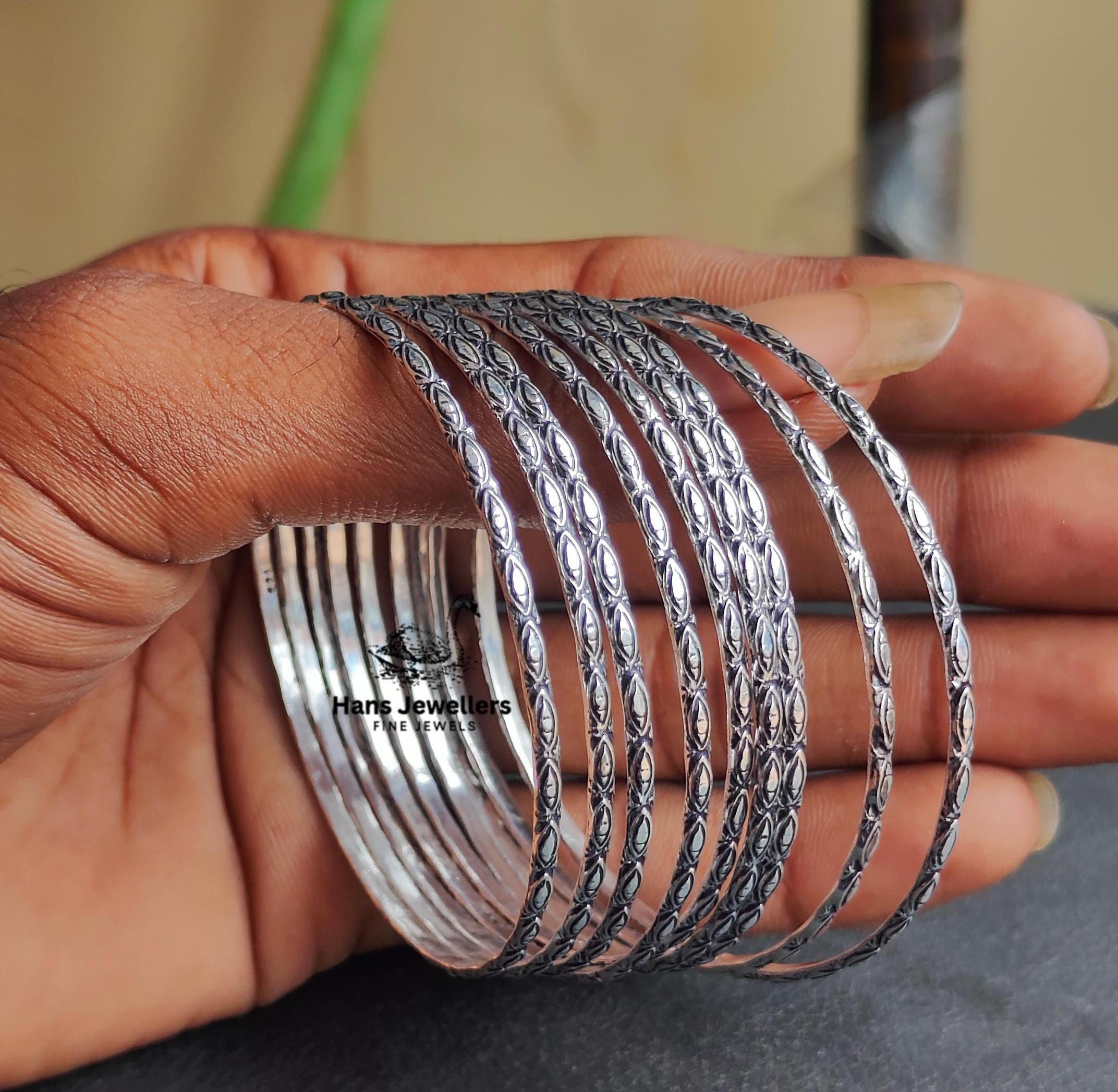 Sterling Silver Stacking Bangles: 9-piece Boho Bangle Bracelet Set