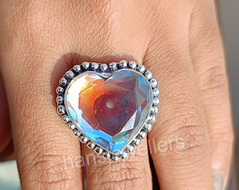 Anello con quarzo aura a forma di cuore d'angelo: pietra preziosa in argento sterling 925 realizzata a mano