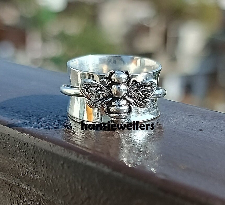 Honey Bee Spinner Ring 925 Sterling Silver Two Tone Textured