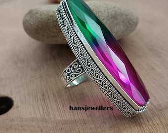 Handmade Oval Watermelon Tourmaline Ring, 925 Sterling Silver