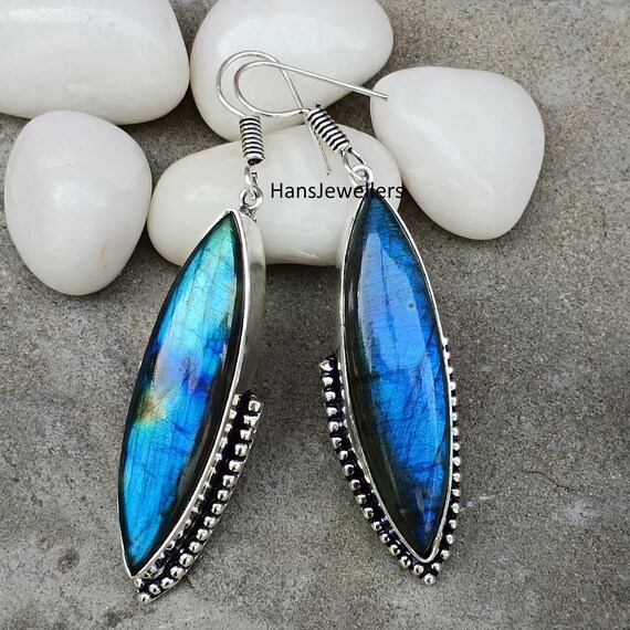 Boucles D'oreilles Pendantes En Argent Et Labradorite - Pierre Naturelle Bleue Irisée