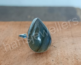 Natural Labradorite Ring-Blue Fire Labradorite Ring-Handmade Silver Ring-925 Sterling Silver Ring-Teardrop Labradorite Ring-Promise Ring