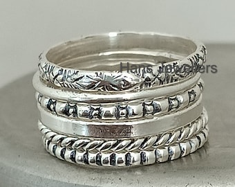 Conjunto de 6 anillos apilables de plata de ley, anillos finos y gruesos, anillos de patrón variado, anillos retorcidos con cuentas delicadas, anillo punteado, anillos para el pulgar H